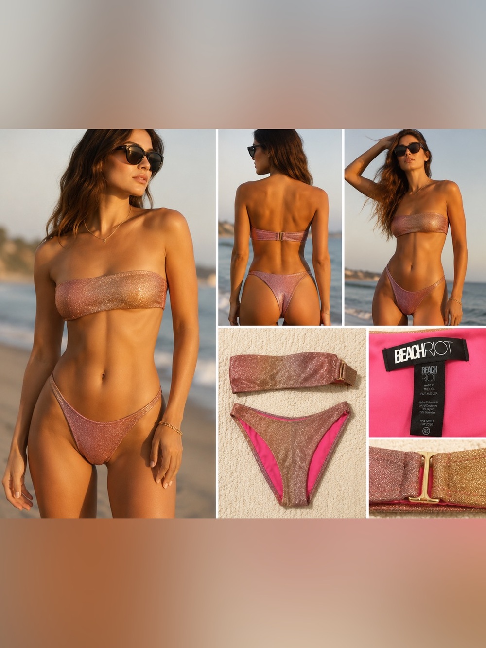 Beach Riot Metallic Shimmer Bikini Set XS Rose Gold Pink Bandeau Swimwear